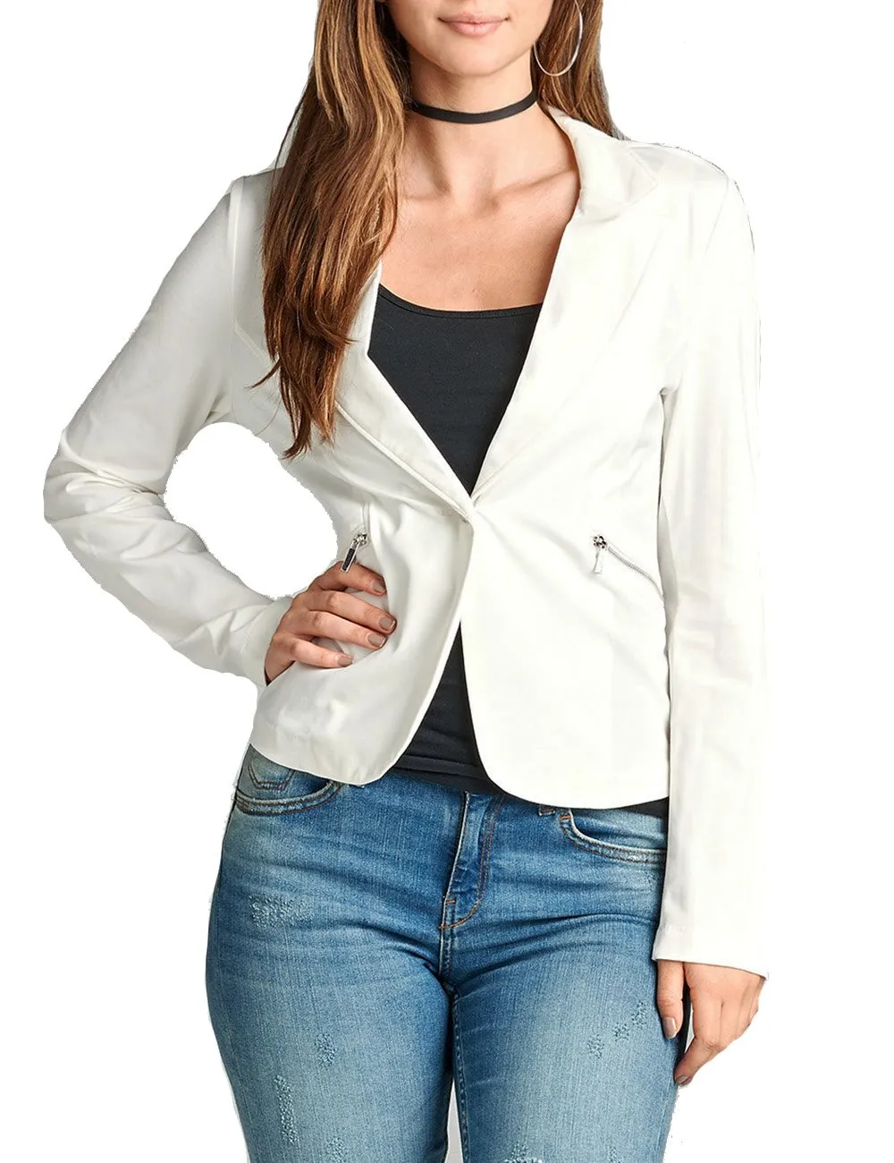 Single button long sleeve ponte Blazer with front zipper detail