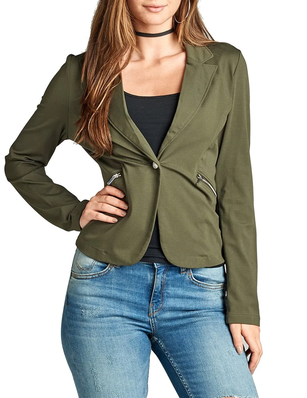 Single button long sleeve ponte Blazer with front zipper detail