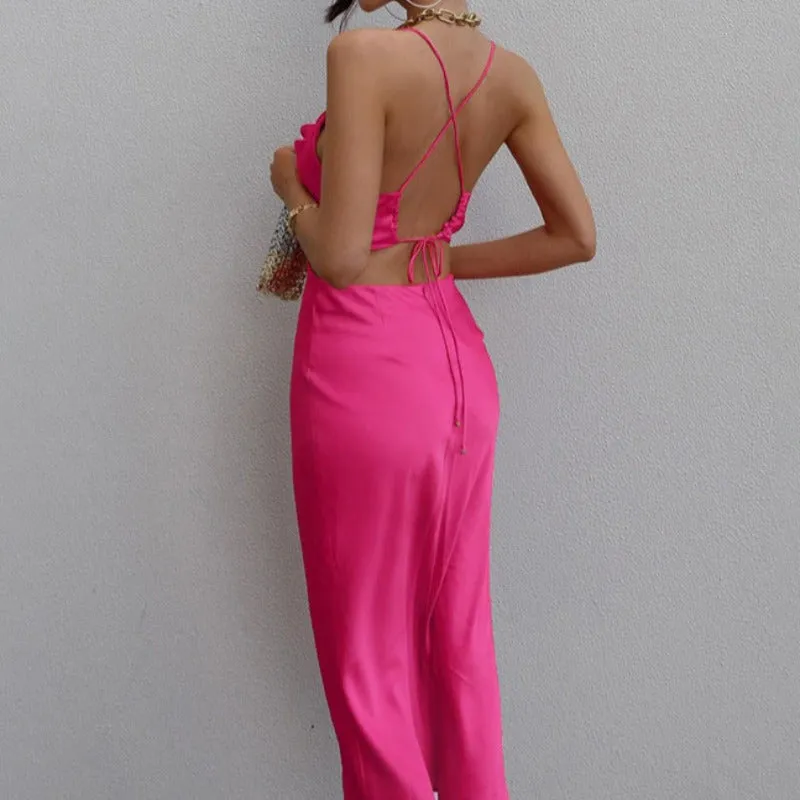 Sleeveless Satin Maxi Cut Out Strappy Back Dress