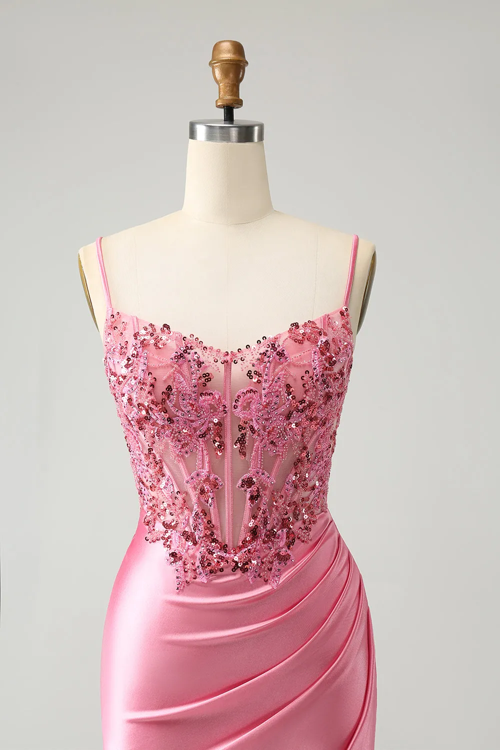 Sparkly Pink Glitter Spaghetti Straps Sequins Pleated Corset Homecoming Dress