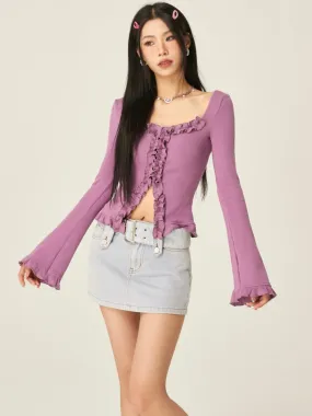 Stella Solid Color Ruched Collar Front Slit Long Sleeve Top