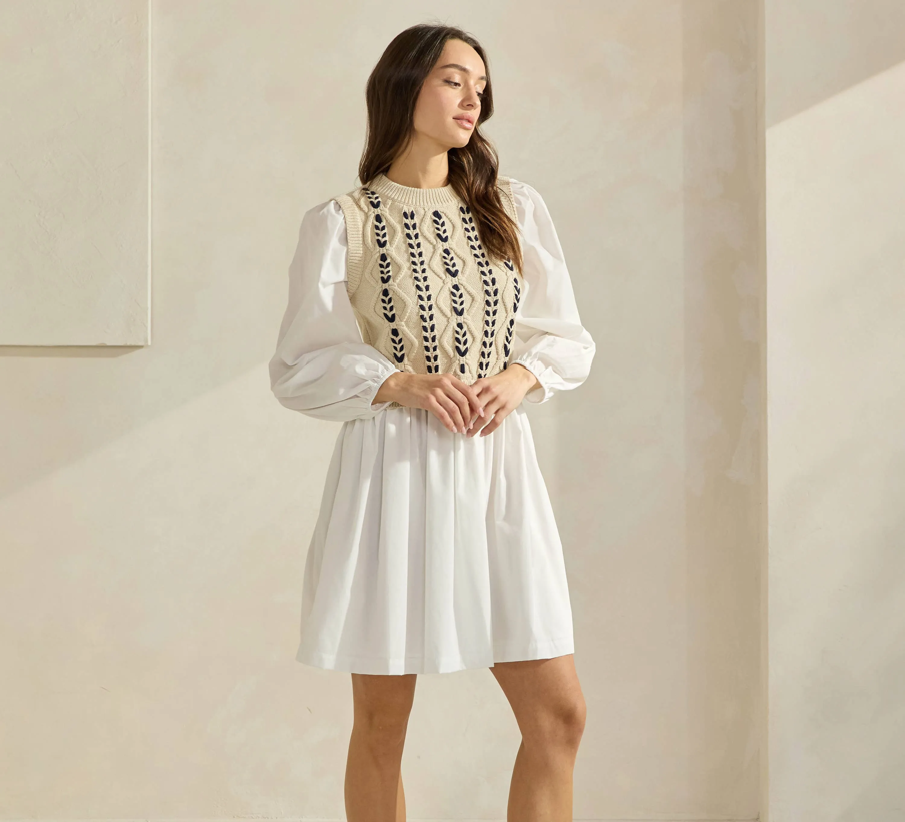 Sweater & Poplin Combo Dress