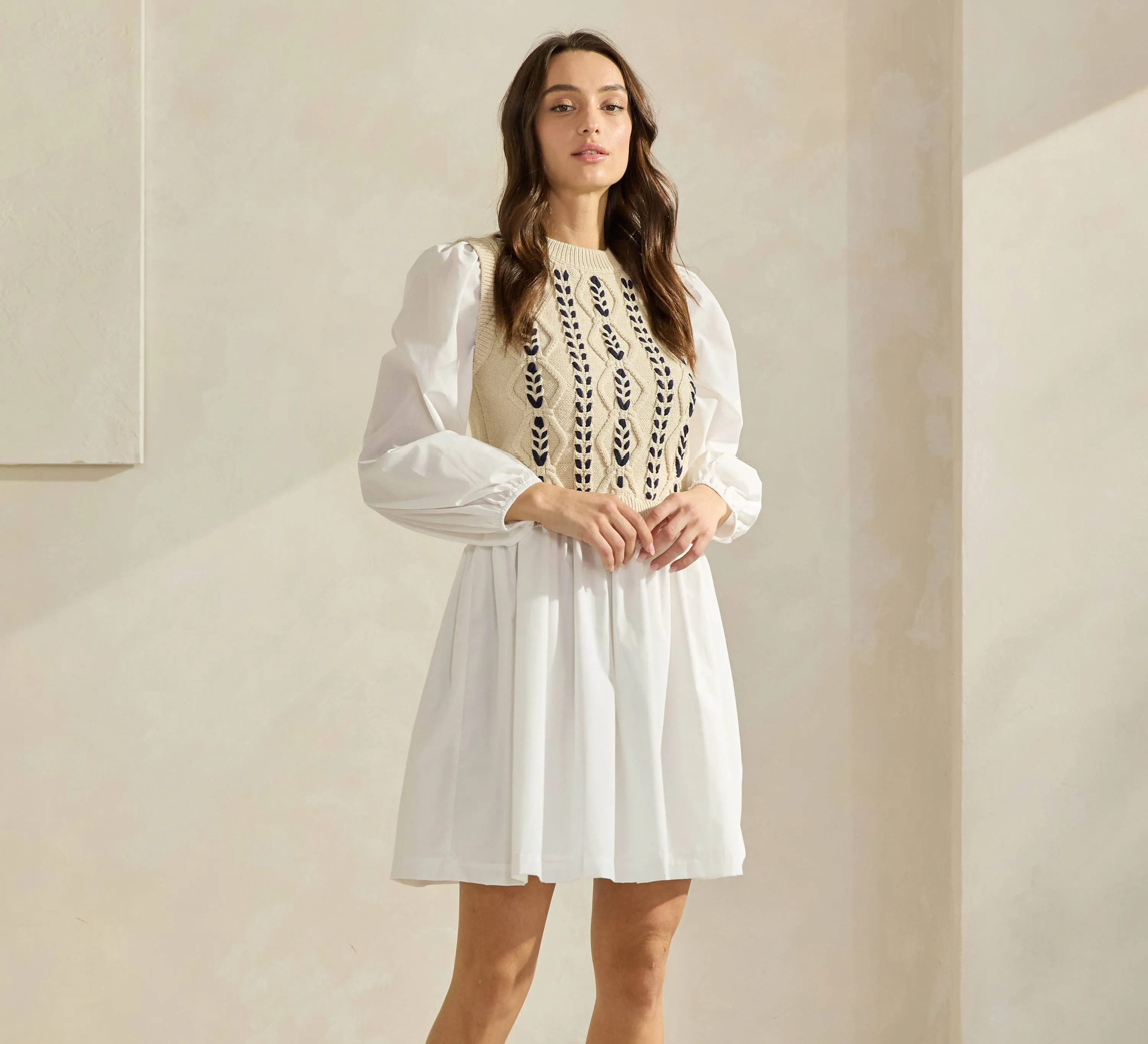 Sweater & Poplin Combo Dress