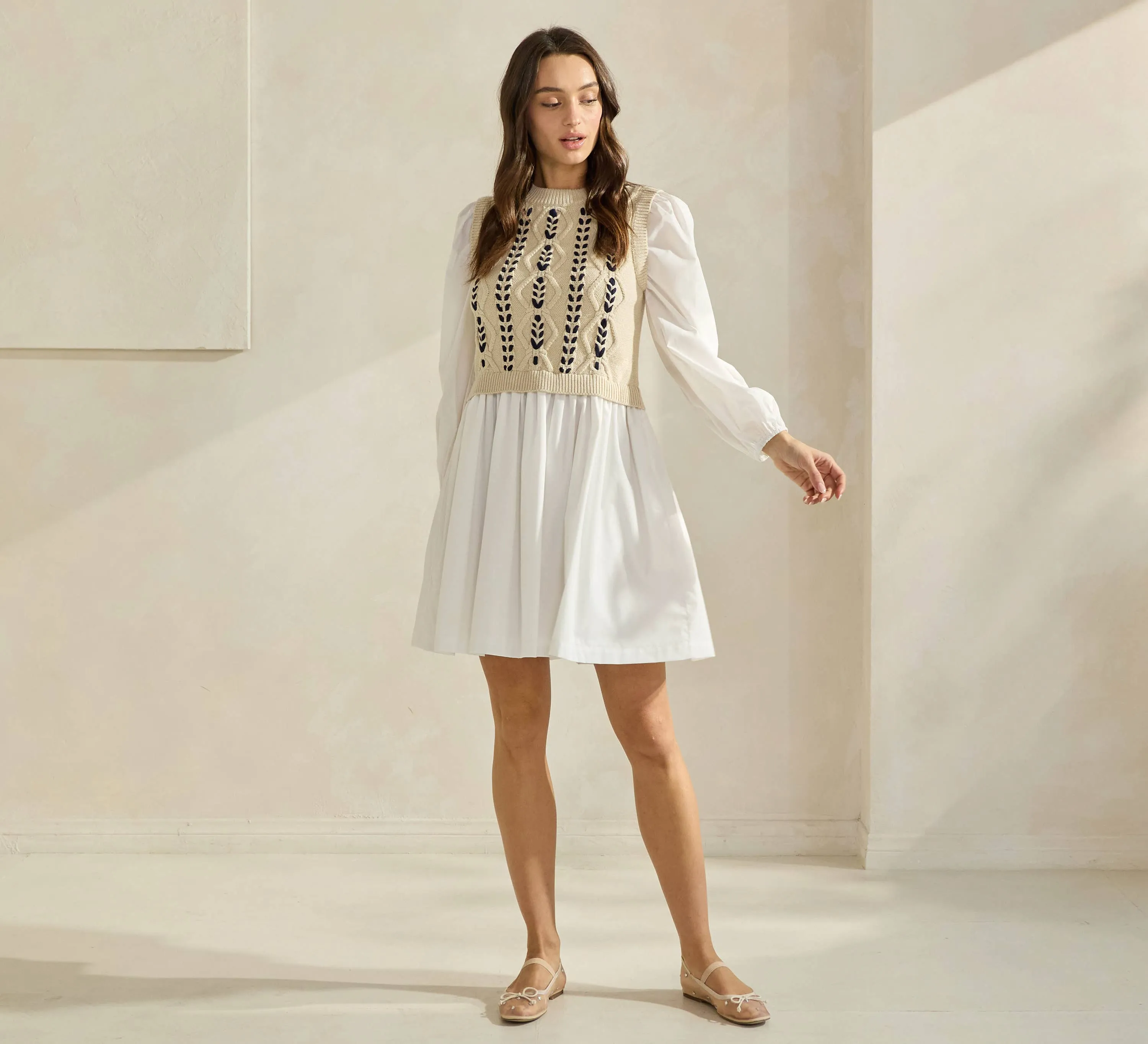 Sweater & Poplin Combo Dress