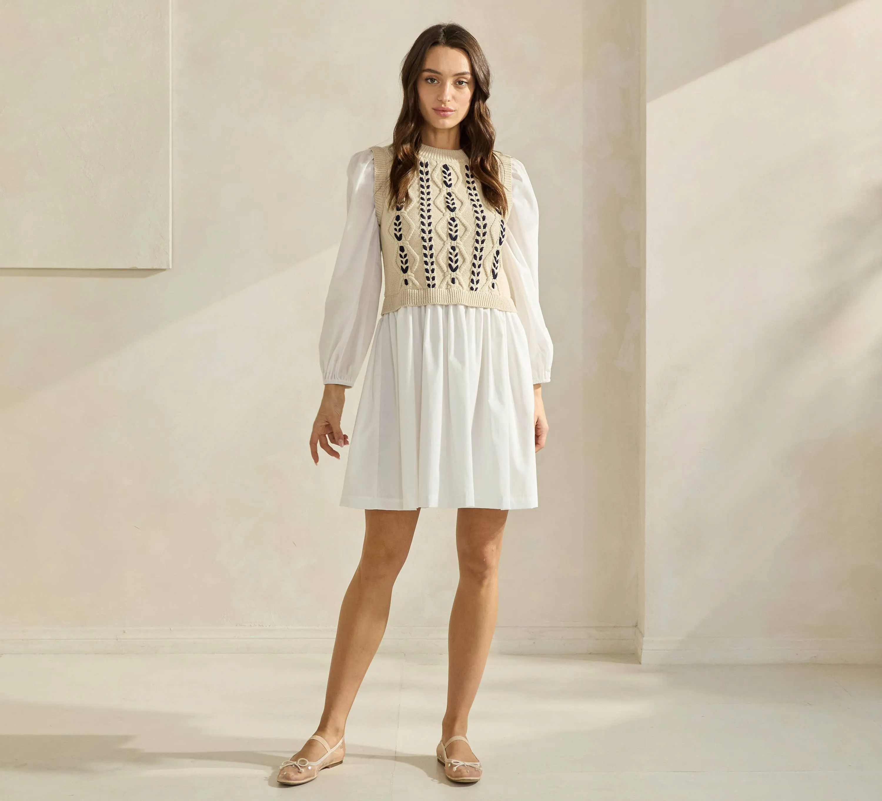 Sweater & Poplin Combo Dress