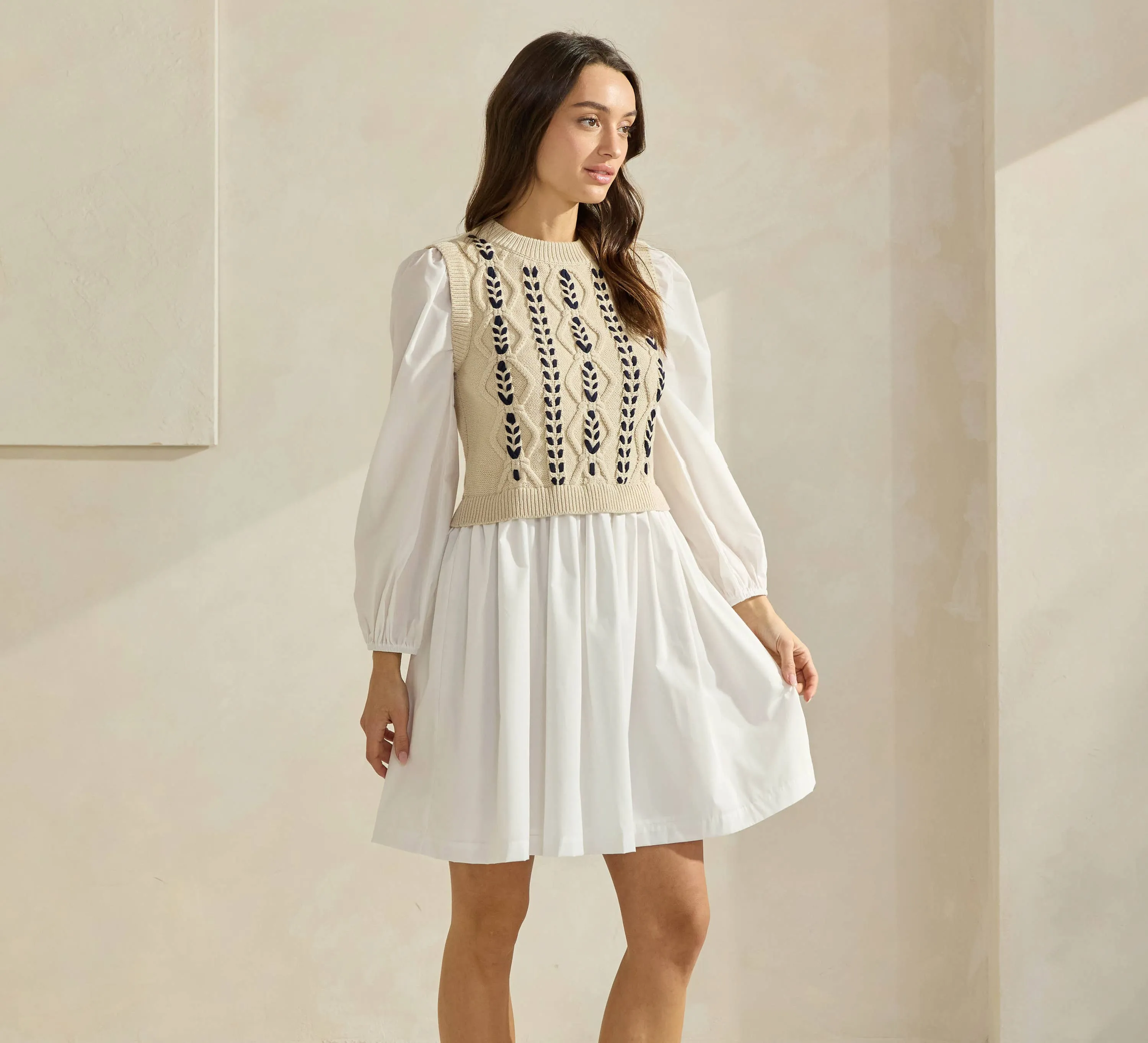 Sweater & Poplin Combo Dress