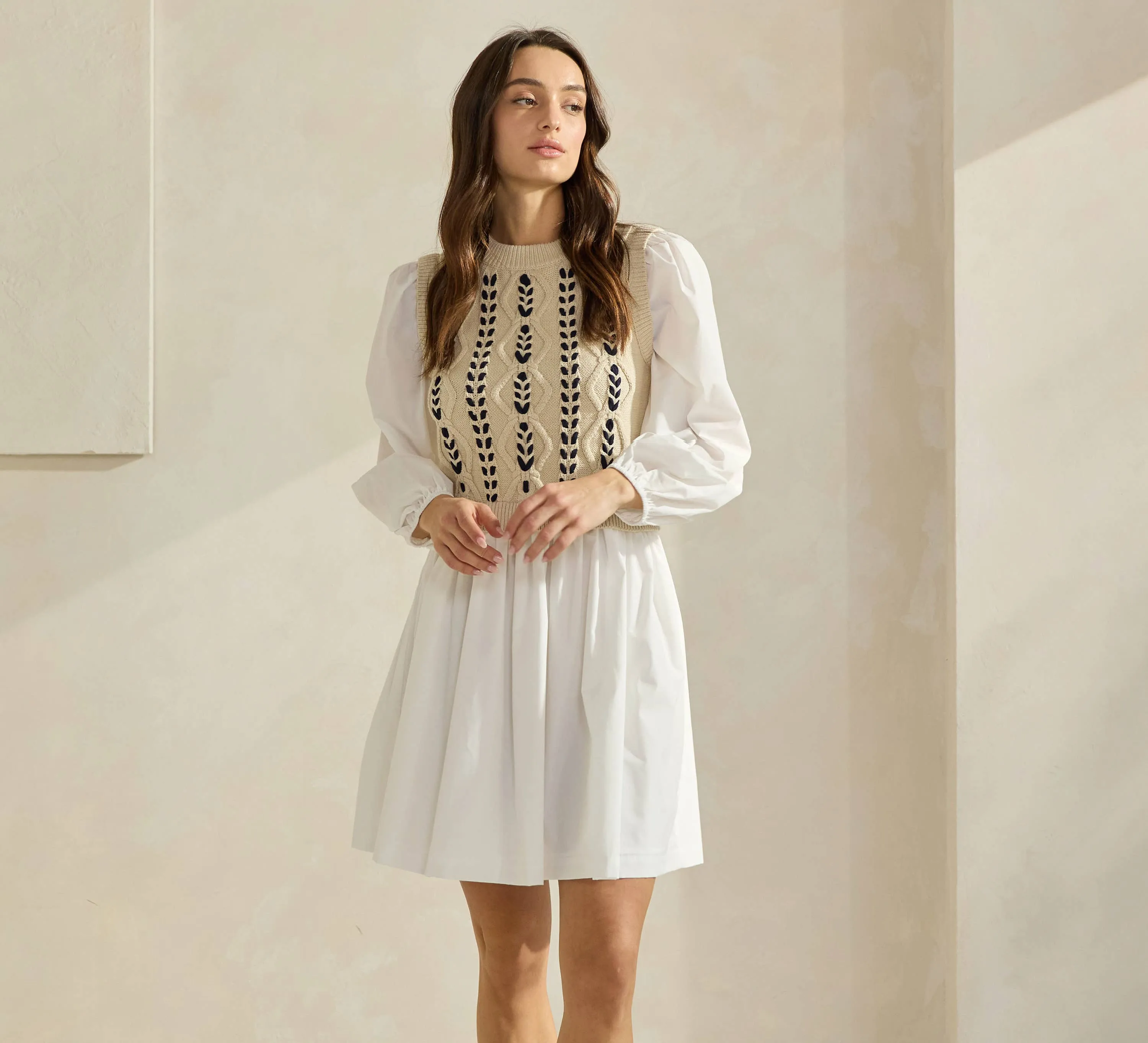 Sweater & Poplin Combo Dress