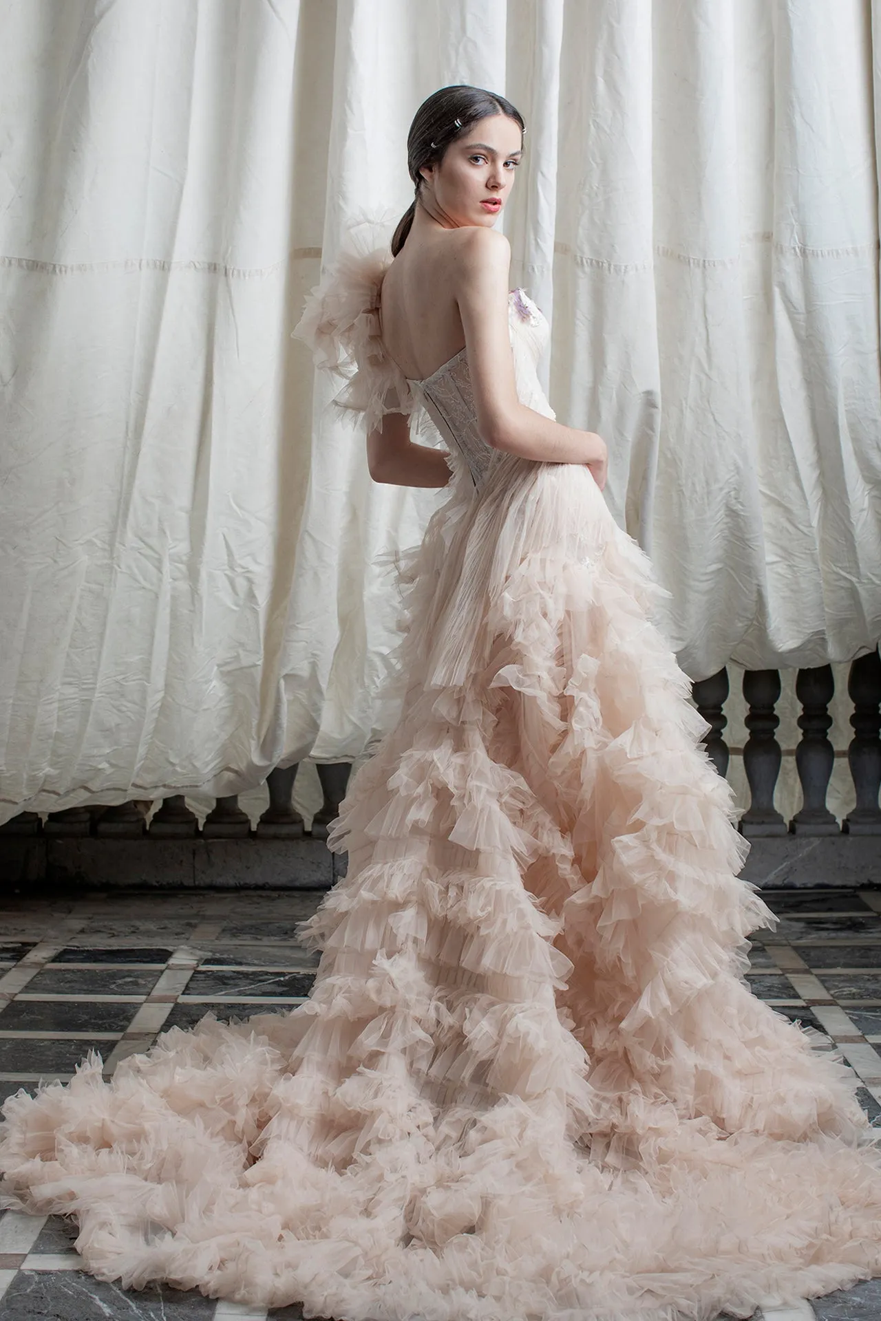 Tulle One-Shoulder Dress with Ruffles