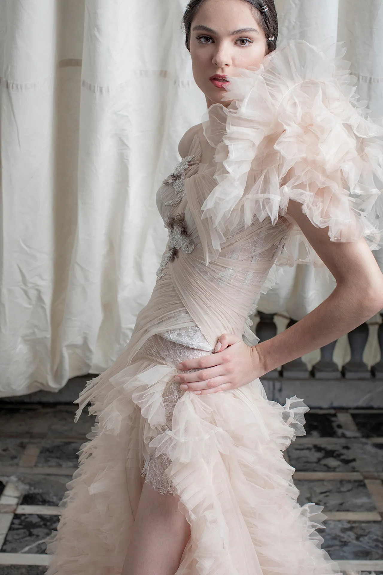 Tulle One-Shoulder Dress with Ruffles