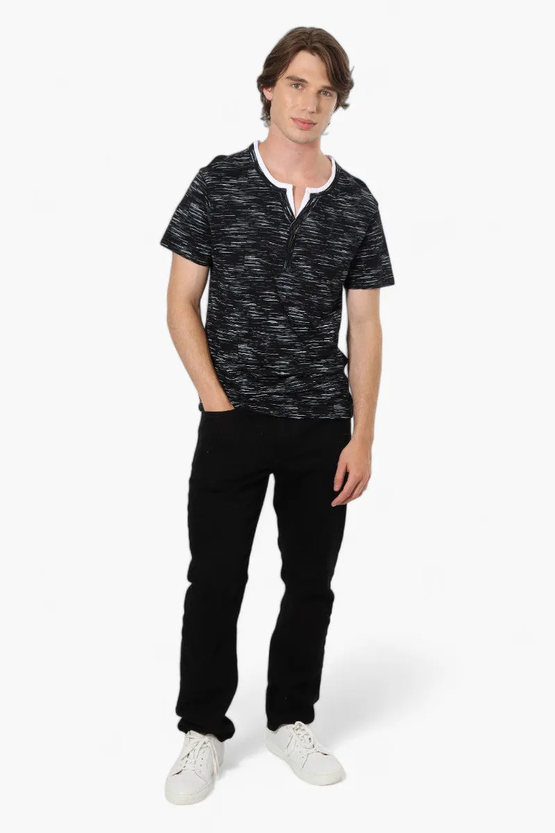 Urbanology Patterned V-Neck Henley Tee - Black