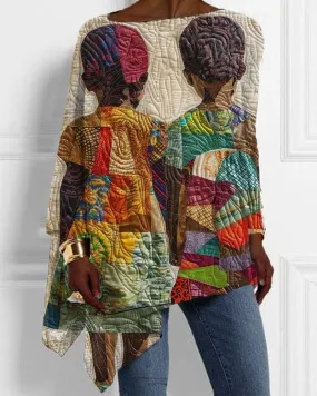 Vintage Ethnic Style Black Kid Print Irregular Top