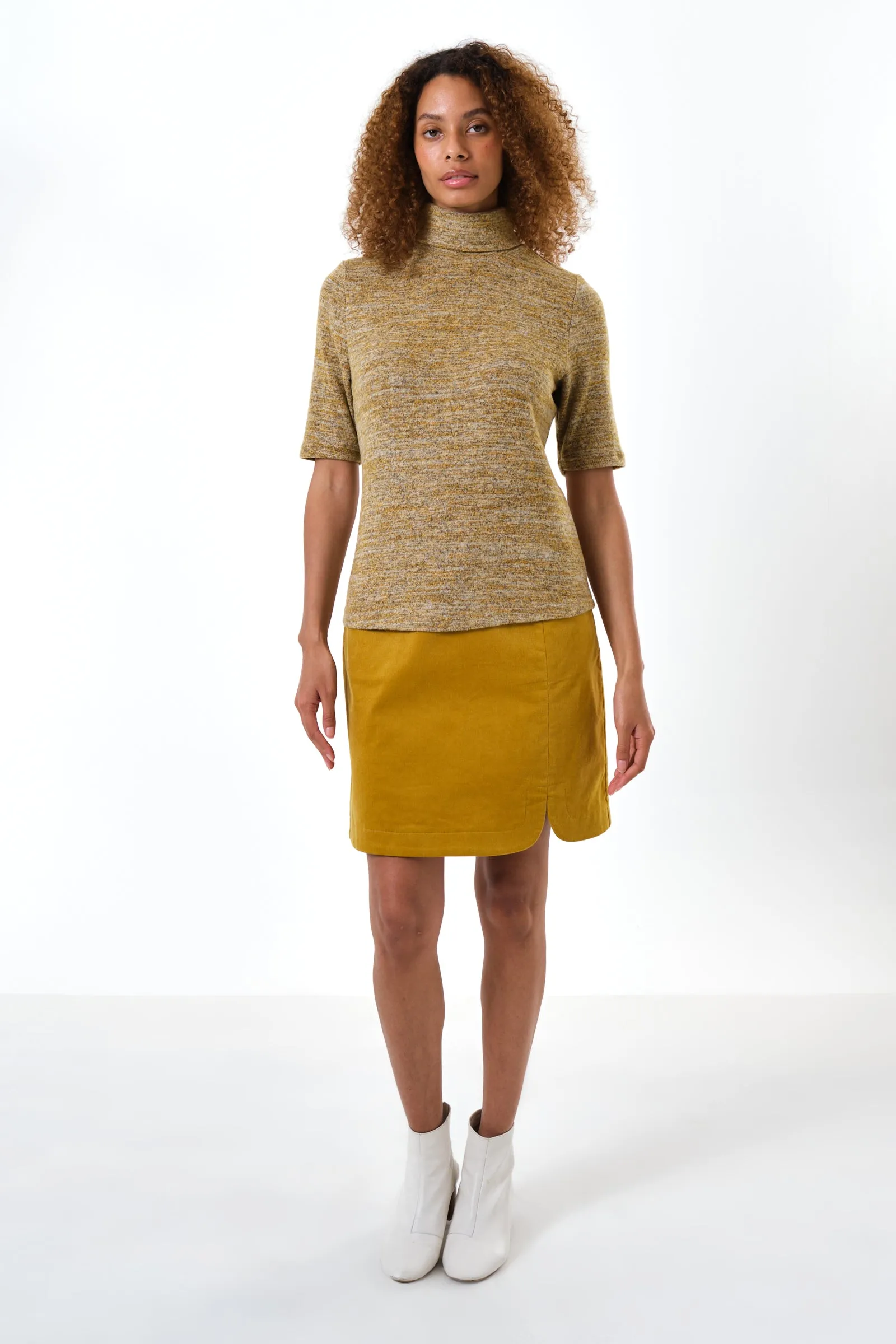 Vista Soft Marl Polo Neck Short Sleeve Top - Mustard