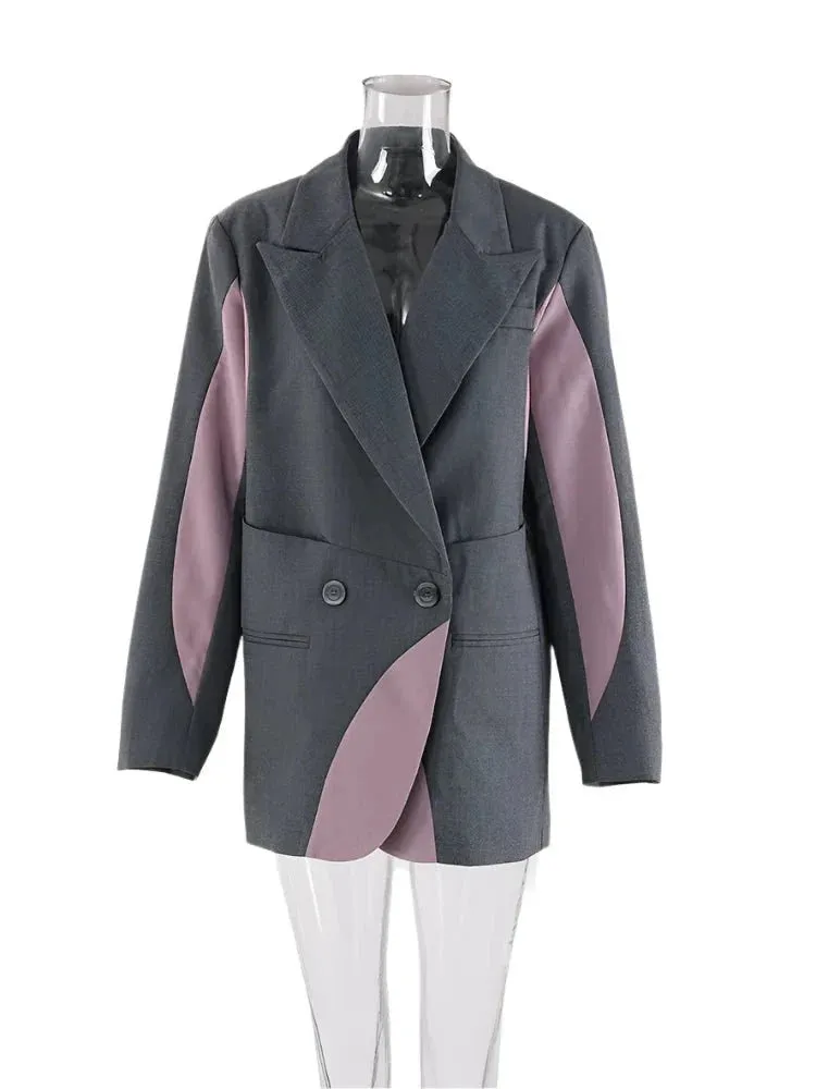 Wenkouban-Winter outfits Christmas Notched Double Breasted Patchwork Oversized Blazer Jacket