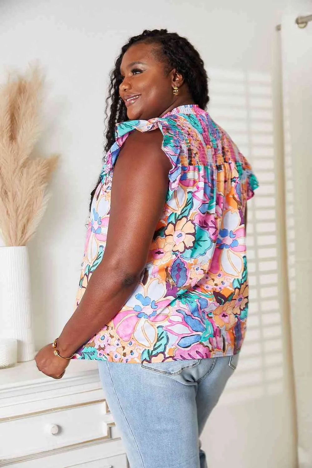 Women's Double Take Floral Smocked Flutter Sleeve Top