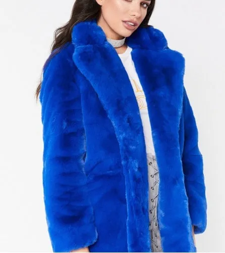 Women’s Faux Fur Coat with Lapel and Pockets