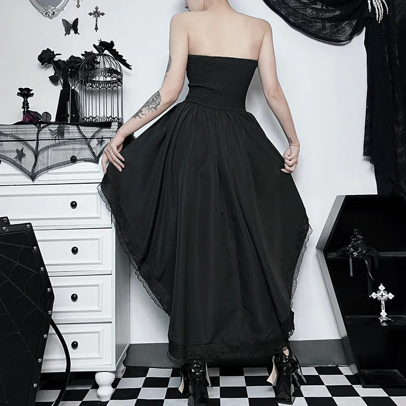 Women's Gothic Sexy Slim Corset Strapless Lace Dress - Waist-Tie High-Waisted Gown