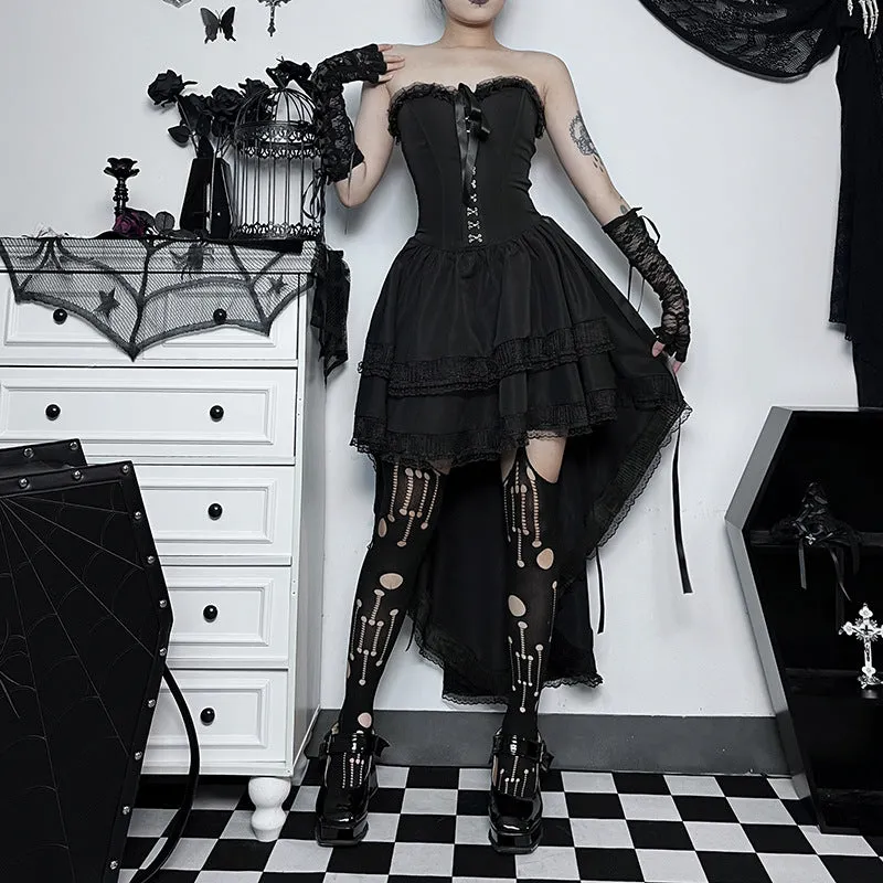 Women's Gothic Sexy Slim Corset Strapless Lace Dress - Waist-Tie High-Waisted Gown