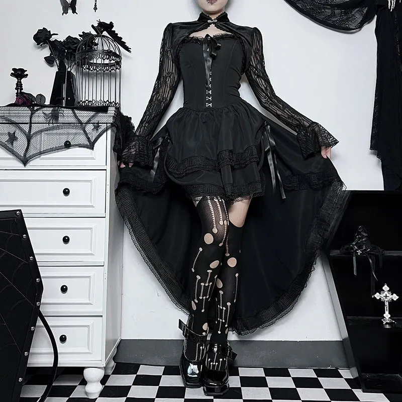 Women's Gothic Sexy Slim Corset Strapless Lace Dress - Waist-Tie High-Waisted Gown