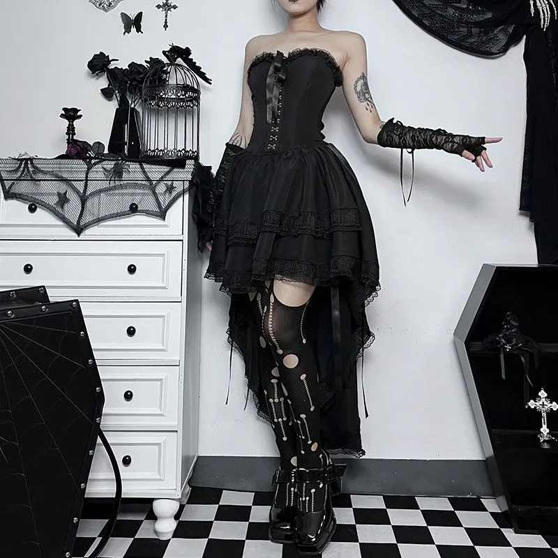 Women's Gothic Sexy Slim Corset Strapless Lace Dress - Waist-Tie High-Waisted Gown