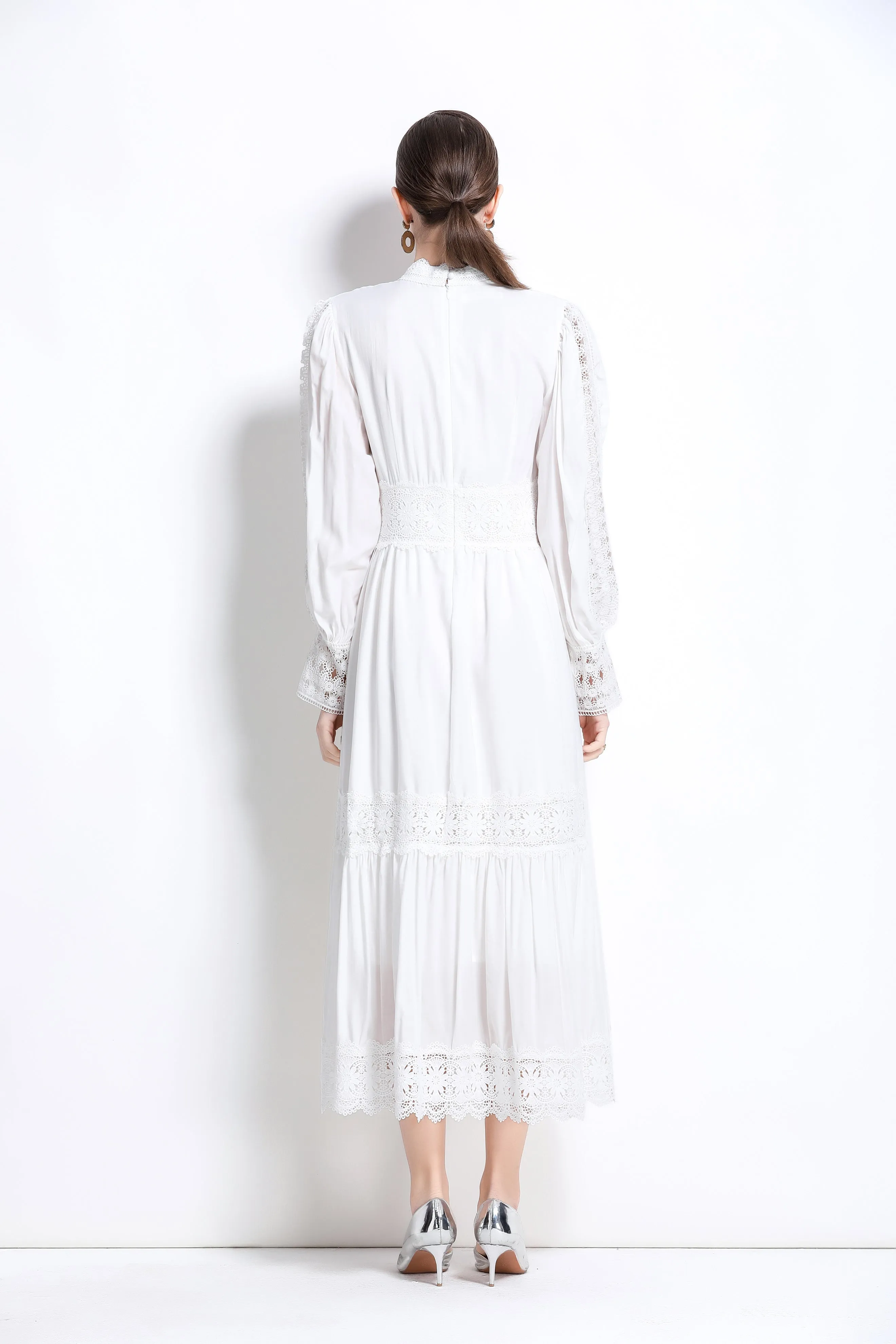 Women's lace Puff sleeve solid color maxi dress