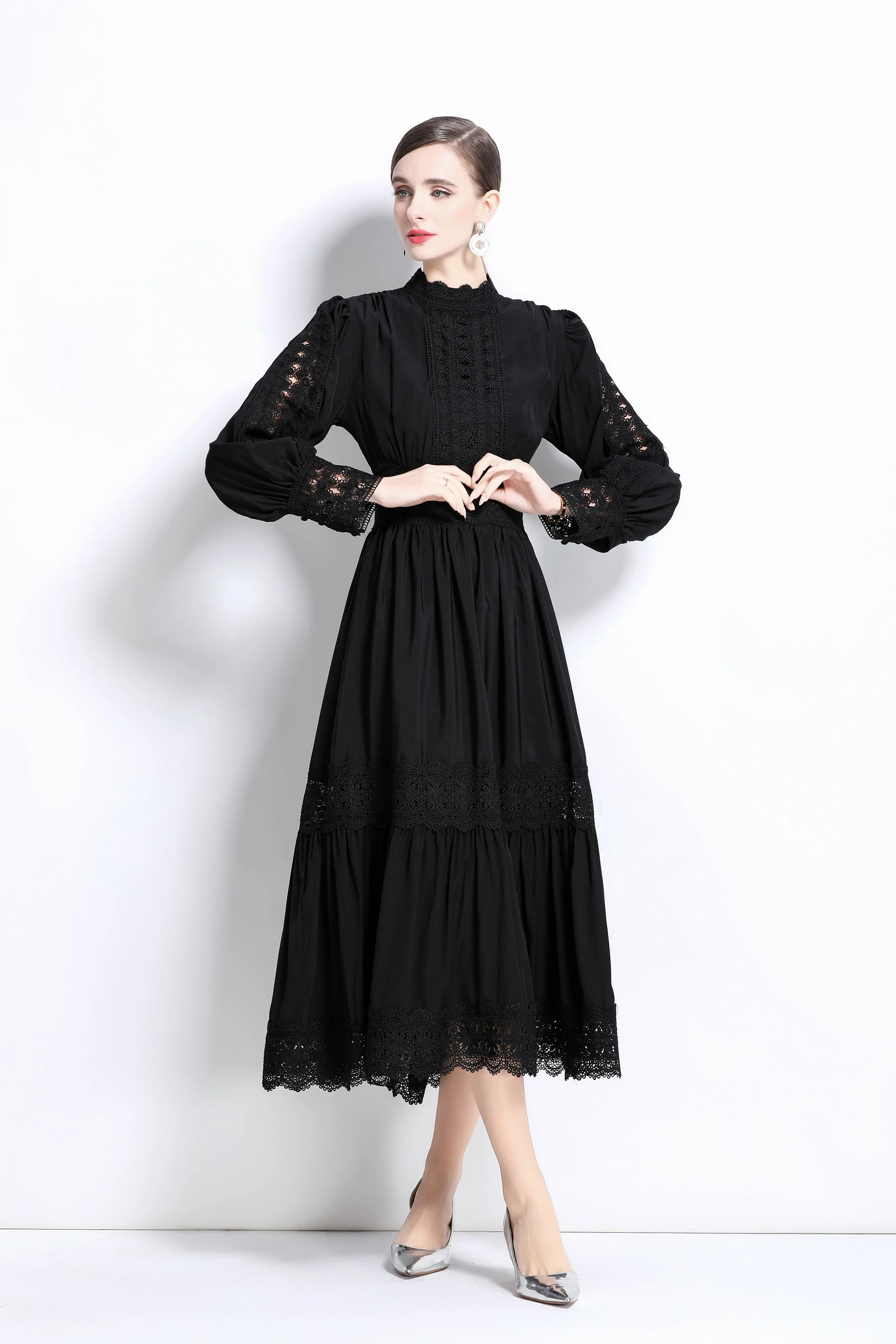 Women's lace Puff sleeve solid color maxi dress