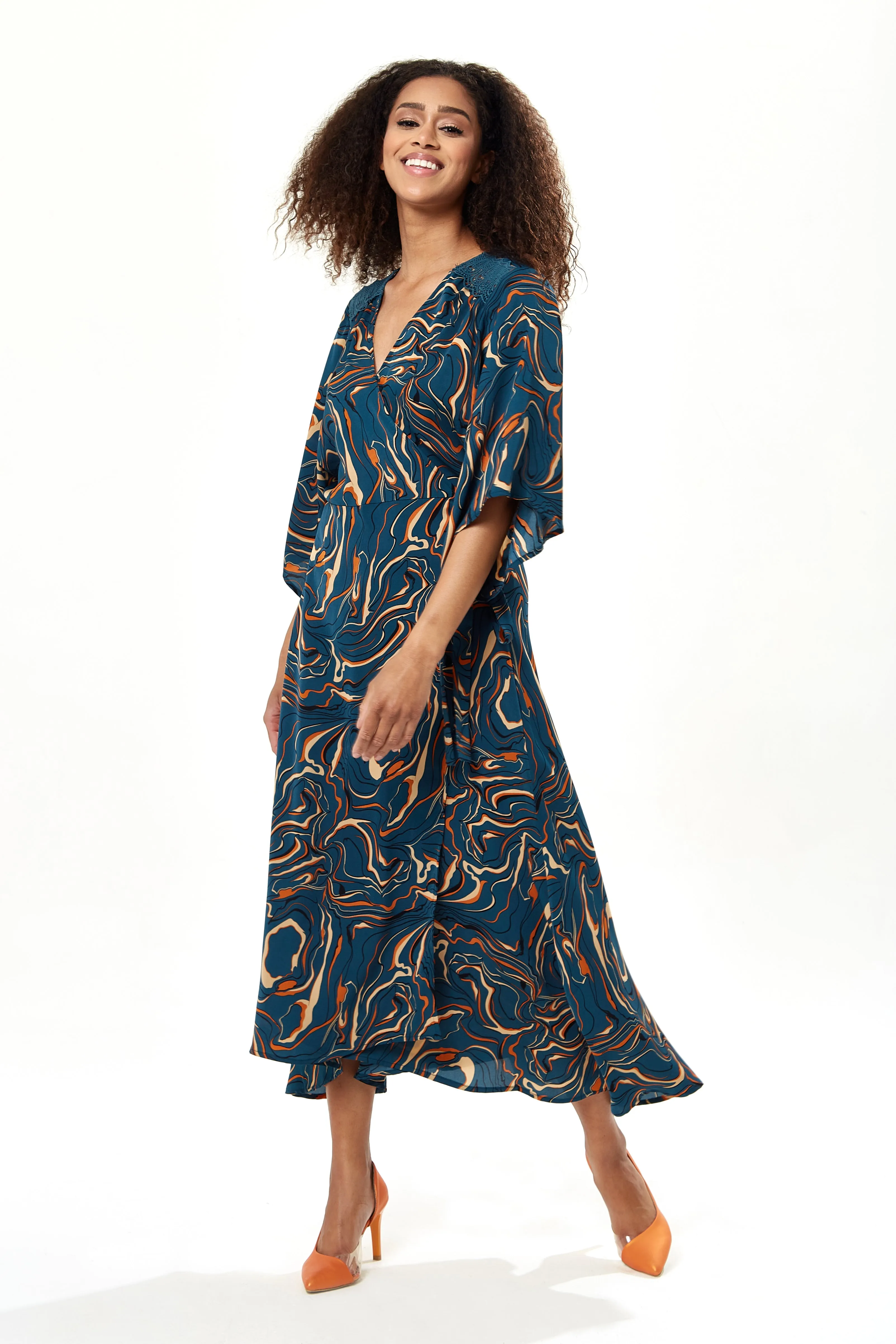 Women's Maxi Dress in Dark Green with Kimono Sleeves and Scribble Print Wrap Design by Liquorish