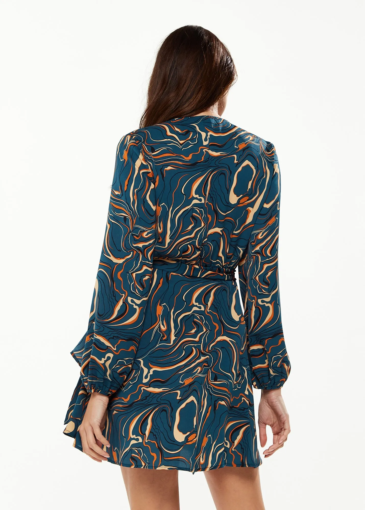 Women's Mini Dress in Dark Green with Long Sleeves and Scribble Print Wrap Style - Liquorish
