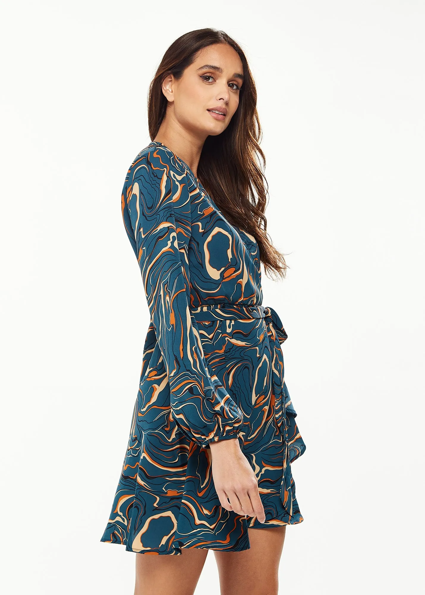 Women's Mini Dress in Dark Green with Long Sleeves and Scribble Print Wrap Style - Liquorish