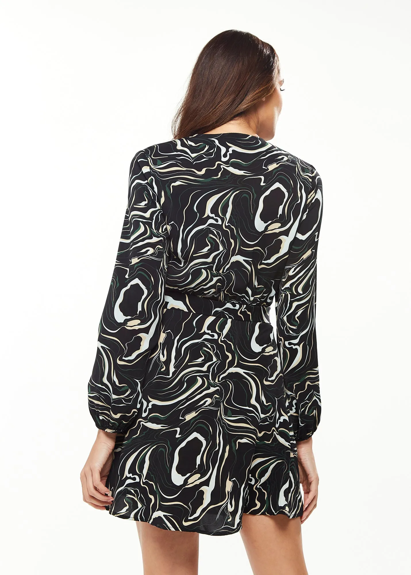 Women's Mini Dress with Long Sleeves in Black - Flattering Wrap Style and Playful Scribble Print by Liquorish