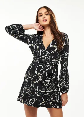 Women's Mini Dress with Long Sleeves in Black - Flattering Wrap Style and Playful Scribble Print by Liquorish