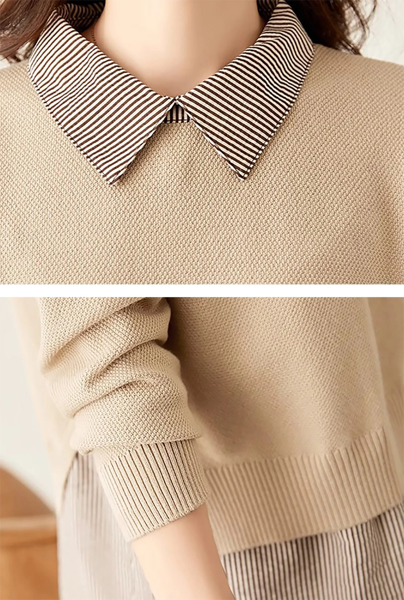 Women's Patchwork Shirt Collar Cotton  Knit Pullover Tops