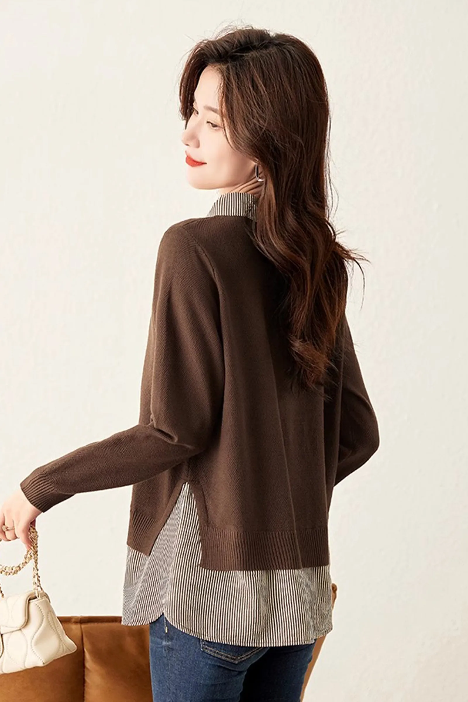 Women's Patchwork Shirt Collar Cotton  Knit Pullover Tops