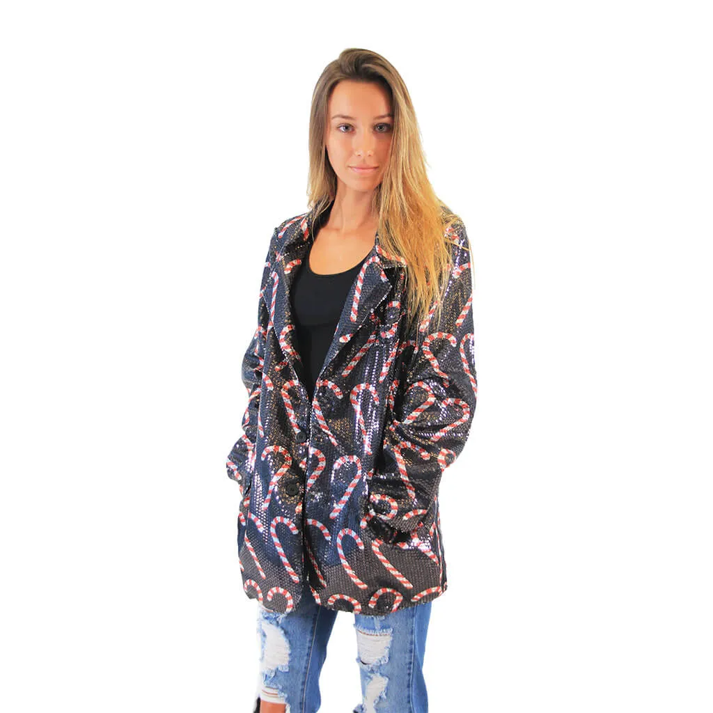 Women's Sequin Candy Cane Blazer - JulesRoche Festive Fashion