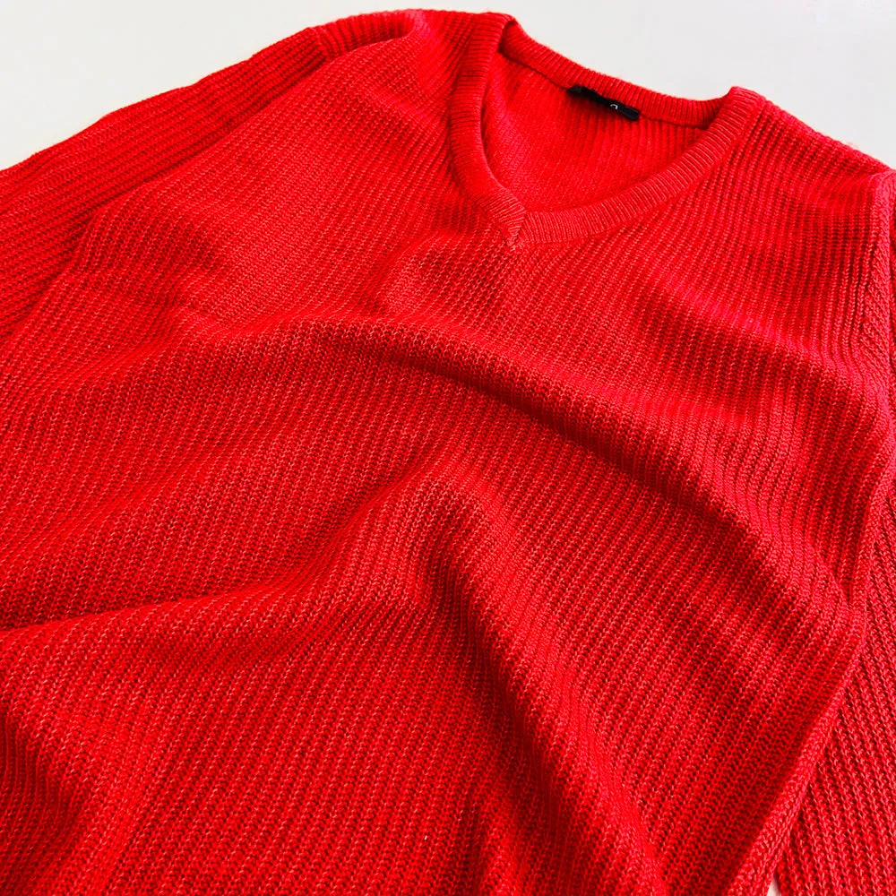 Womens Textured V-Neck Semi Long Sweater