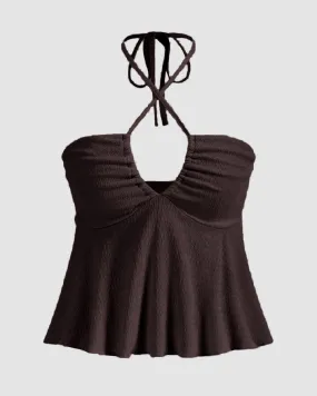Y2K Halter Neck Tie Backless Top In Chocolate Brown
