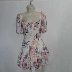 Yumi Kim Pink Floral So Romantic Mini Dress Smocked Bodice Layered Skirt Size X-Small