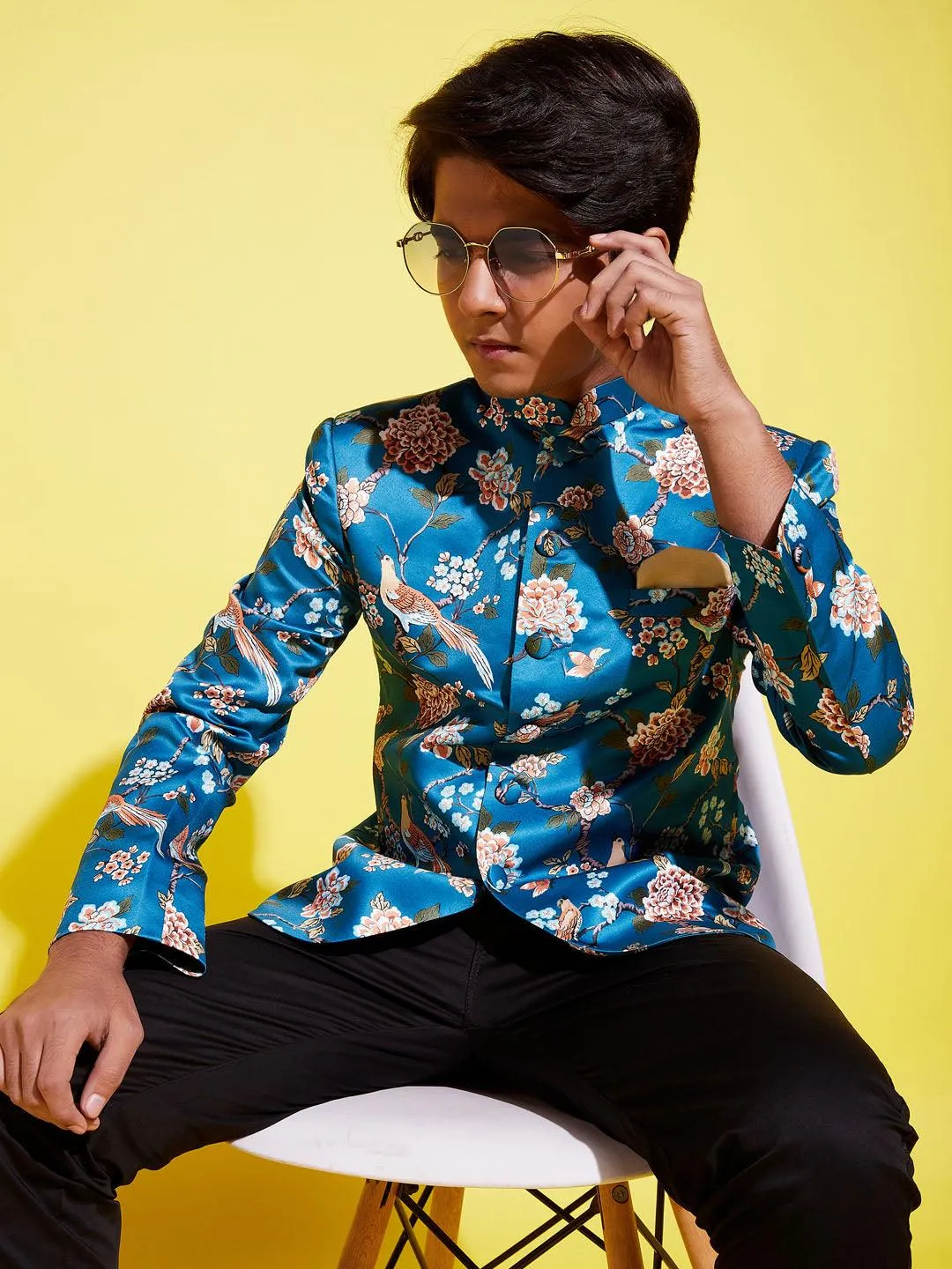 YUVA BY VASTRAMAY Boys Turquoise Blue Printed Bandhgala Blazer
