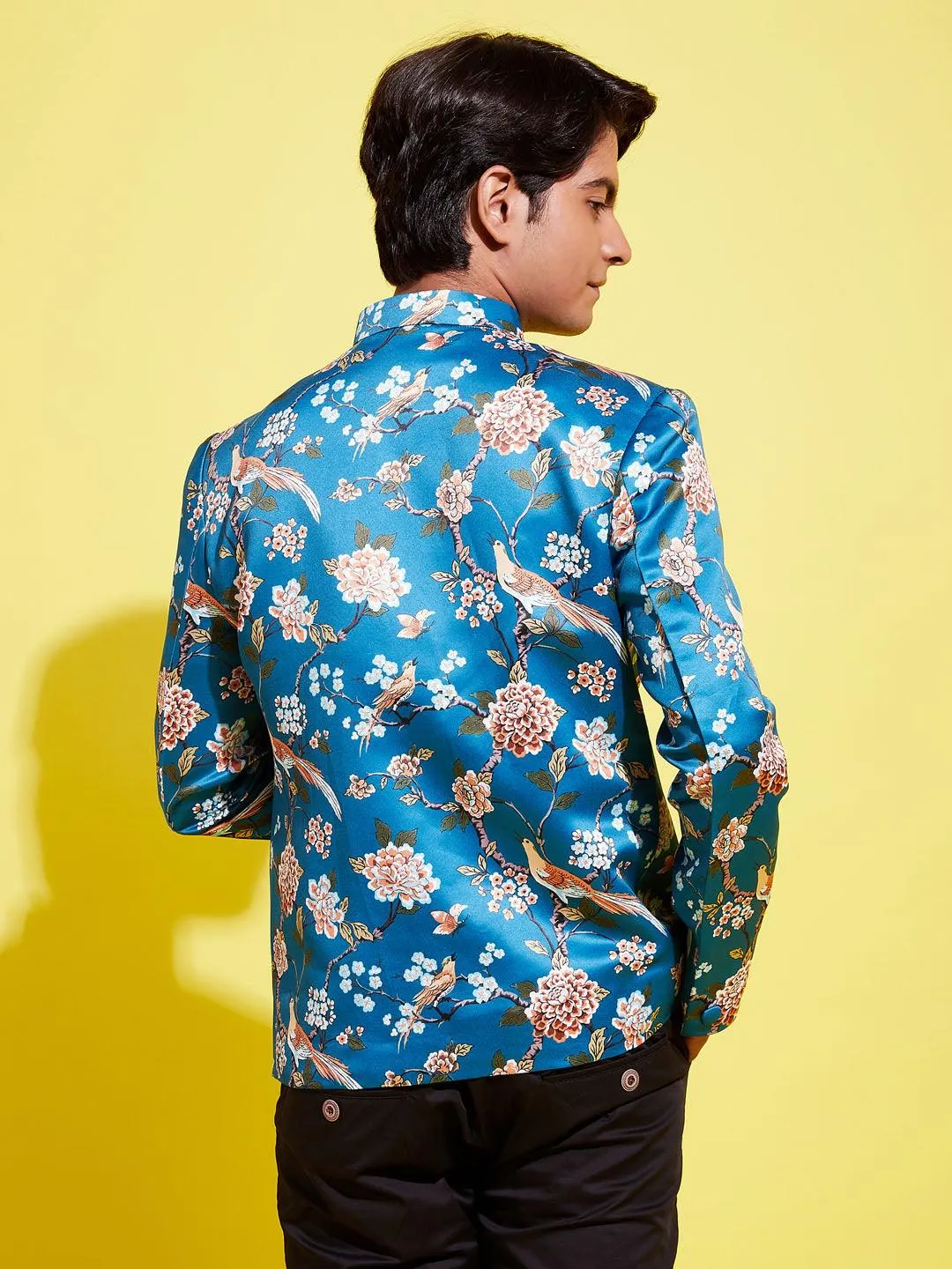 YUVA BY VASTRAMAY Boys Turquoise Blue Printed Bandhgala Blazer