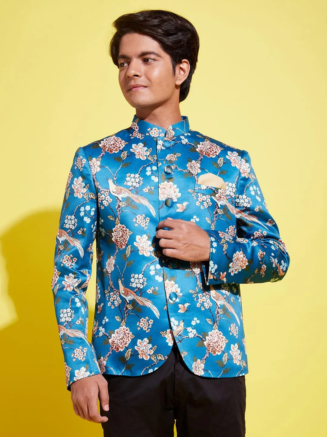 YUVA BY VASTRAMAY Boys Turquoise Blue Printed Bandhgala Blazer