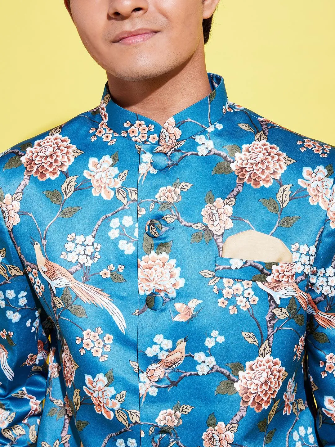 YUVA BY VASTRAMAY Boys Turquoise Blue Printed Bandhgala Blazer