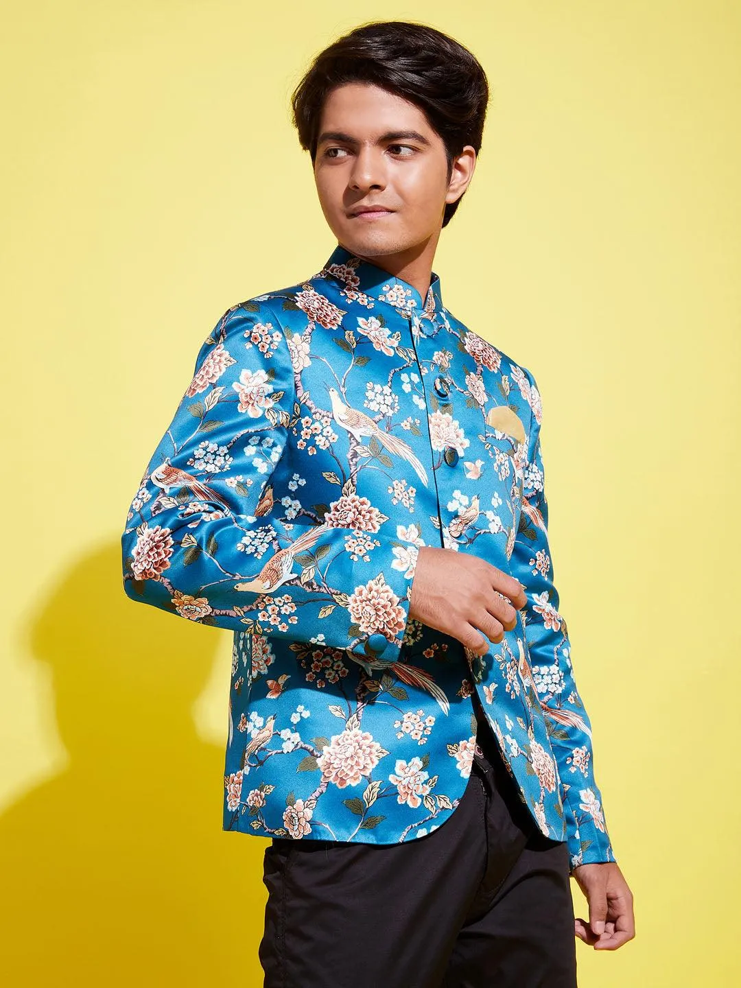 YUVA BY VASTRAMAY Boys Turquoise Blue Printed Bandhgala Blazer