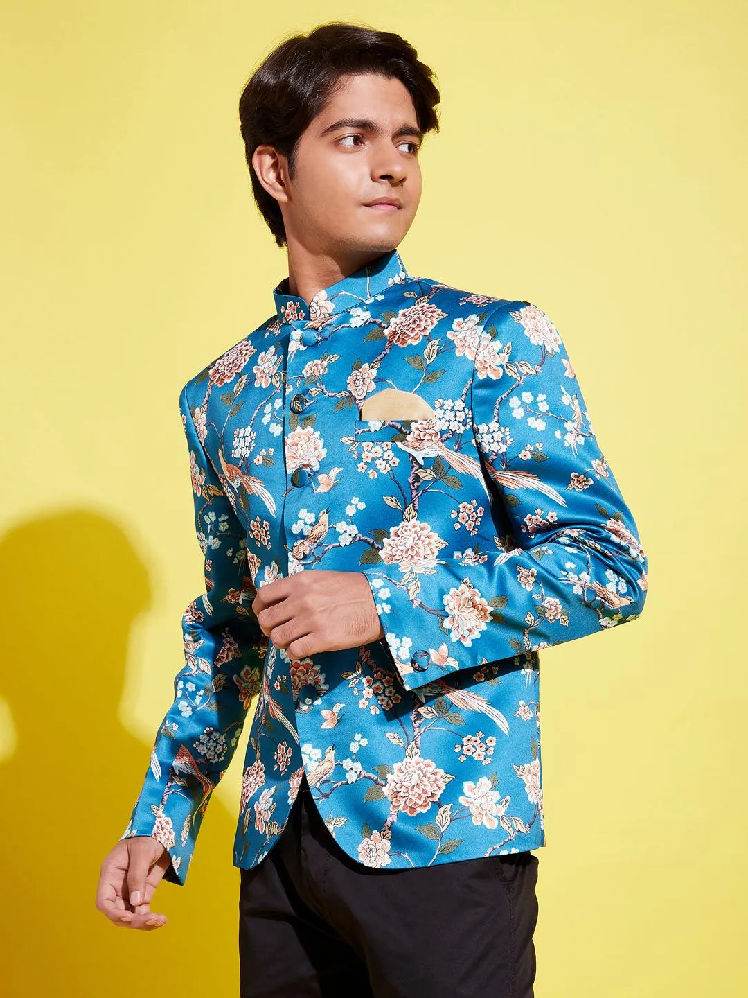 YUVA BY VASTRAMAY Boys Turquoise Blue Printed Bandhgala Blazer
