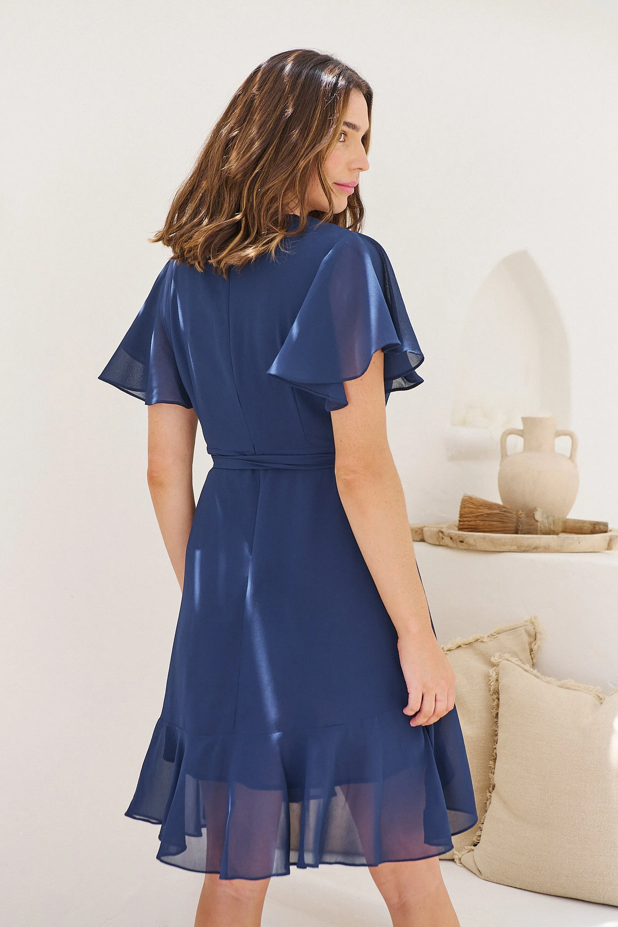 Zahara Chiffon Navy Cross Over Tie Waist Evening Dress