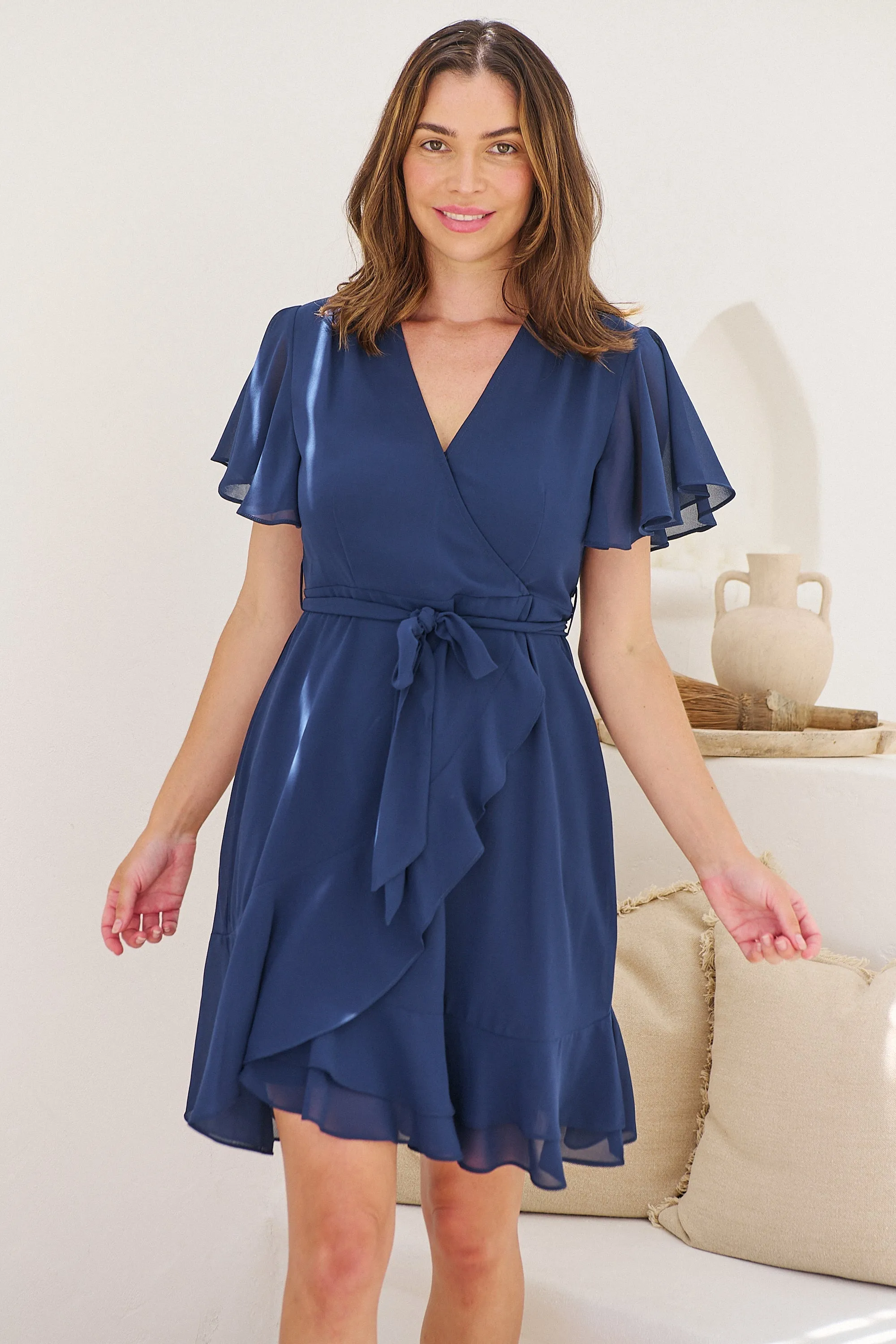 Zahara Chiffon Navy Cross Over Tie Waist Evening Dress