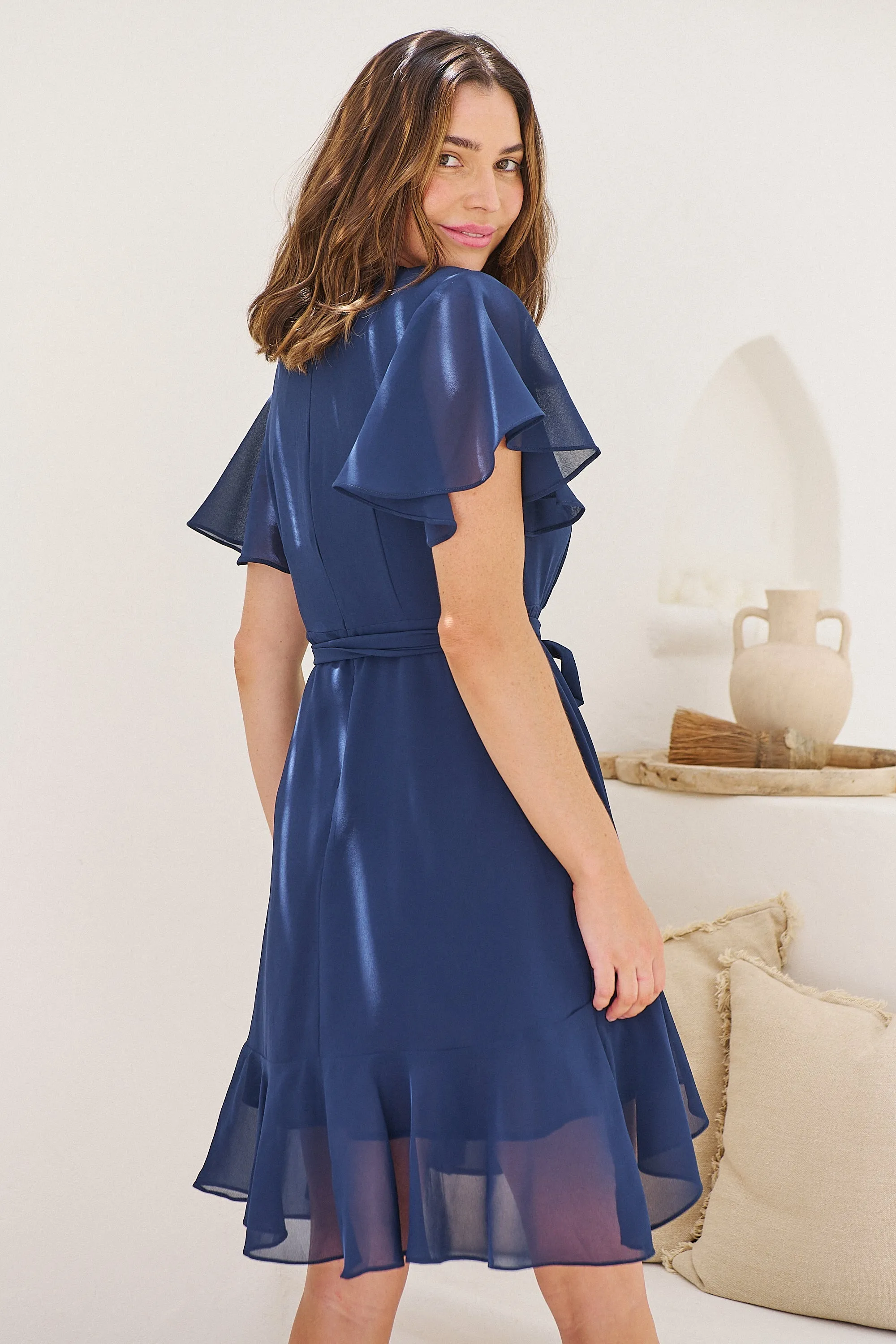 Zahara Chiffon Navy Cross Over Tie Waist Evening Dress